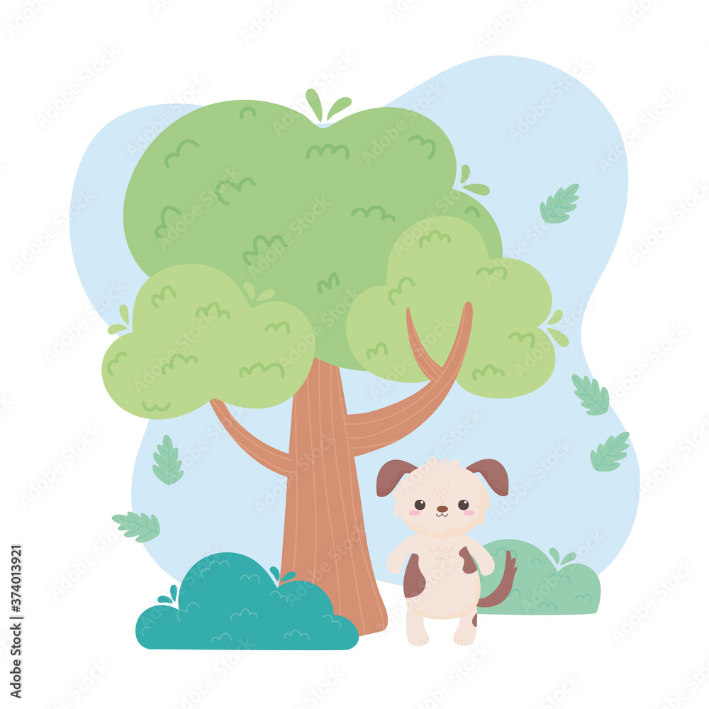 cute dog tree grass cartoon animals in a natural landscape cute dog tree grass cartoon animals in a natural landscape