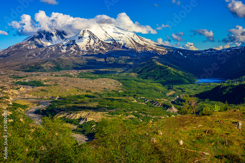Mount St. Helens with clouds and lake