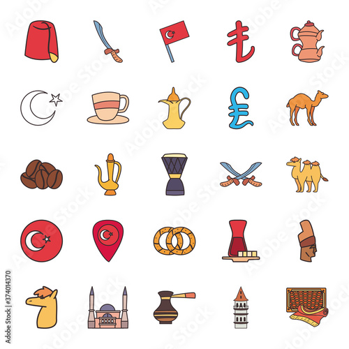 Turkish line and fill style group of icons vector design