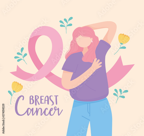 breast cancer awareness woman method palpation pink ribbon and flowers vector
