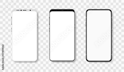 Frontal view of smartphones in realistic style with blank display. High level of detail. Vector mockup mobile phone with show product web site, ui app, online platform, shop. Mockup smartphone set