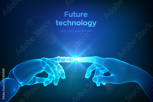 Hands of Robot and Human Touching. Cyborg finger about to touch human finger. Symbol of connection between people and artificial intelligence. Science, future technology. Vector Illustration.