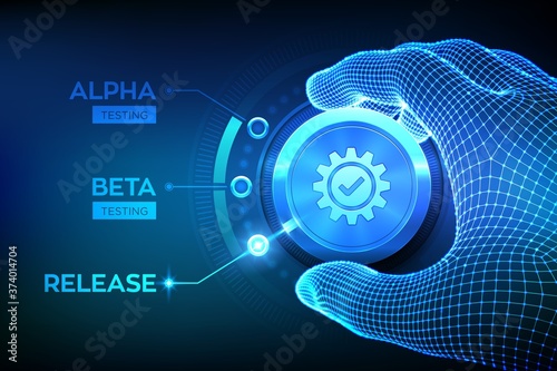 Software testing engineering concept. Alpha Beta Release testing. Wireframe hand turning a test process knob and selecting Release product mode. Software or app development phases. Vector illustration