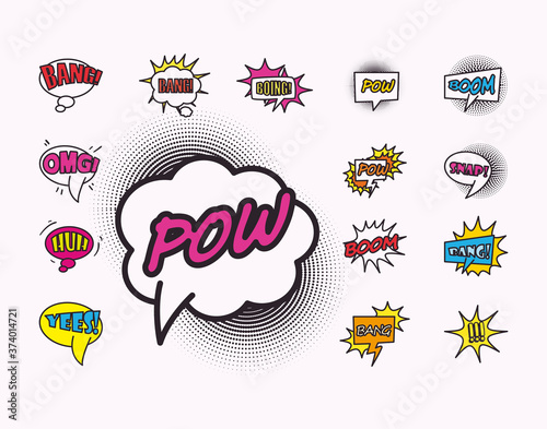 pop art bubbles line and fill style set of icons vector design