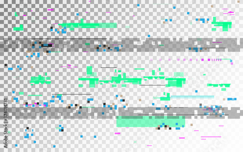 Glitch digital distortion on transparent background. Horizontal VHS noise and random elements. Old video template with color shapes. No signal template. Vector illustration