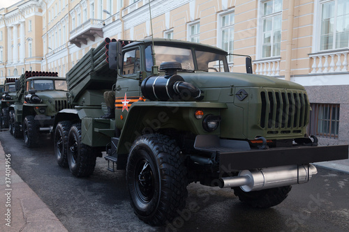 Russian artillery on the Moika river embankment before the Victory Day parade