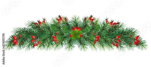 Christmas garland decorated with holly berries branch, rose hips . Design decoration for Merry Christmas holiday.