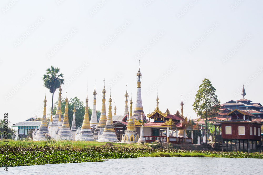 Beautiful ancient Buddhist temples, pagodas and stupas Inle lake, Myanmar Burma