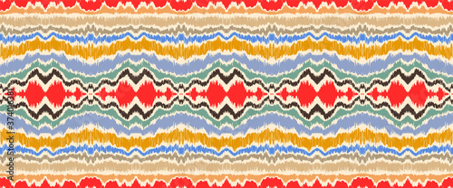 Ikat border. Geometric folk ornament. Ink on clothes. Tribal vector texture. Seamless striped pattern in Aztec style. Ethnic embroidery. Indian, Scandinavian, Gypsy, Mexican, African rug.