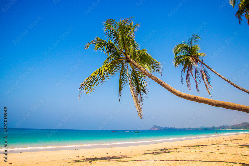 Beautiful Ngapali beach, white sand, palm trees, Myanmar