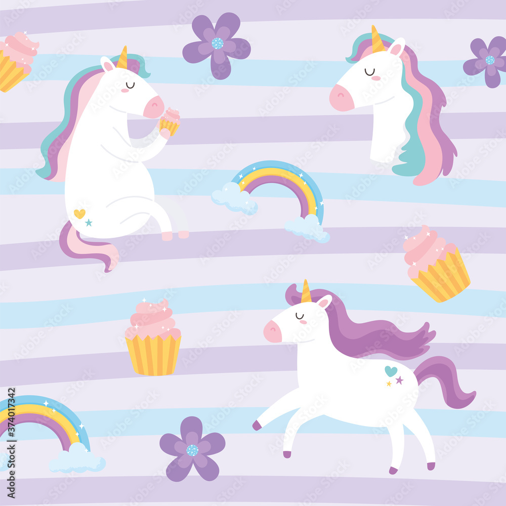 Fototapeta premium cute magical unicorns fantansy dream rainbow flowers cupcake animal cartoon background