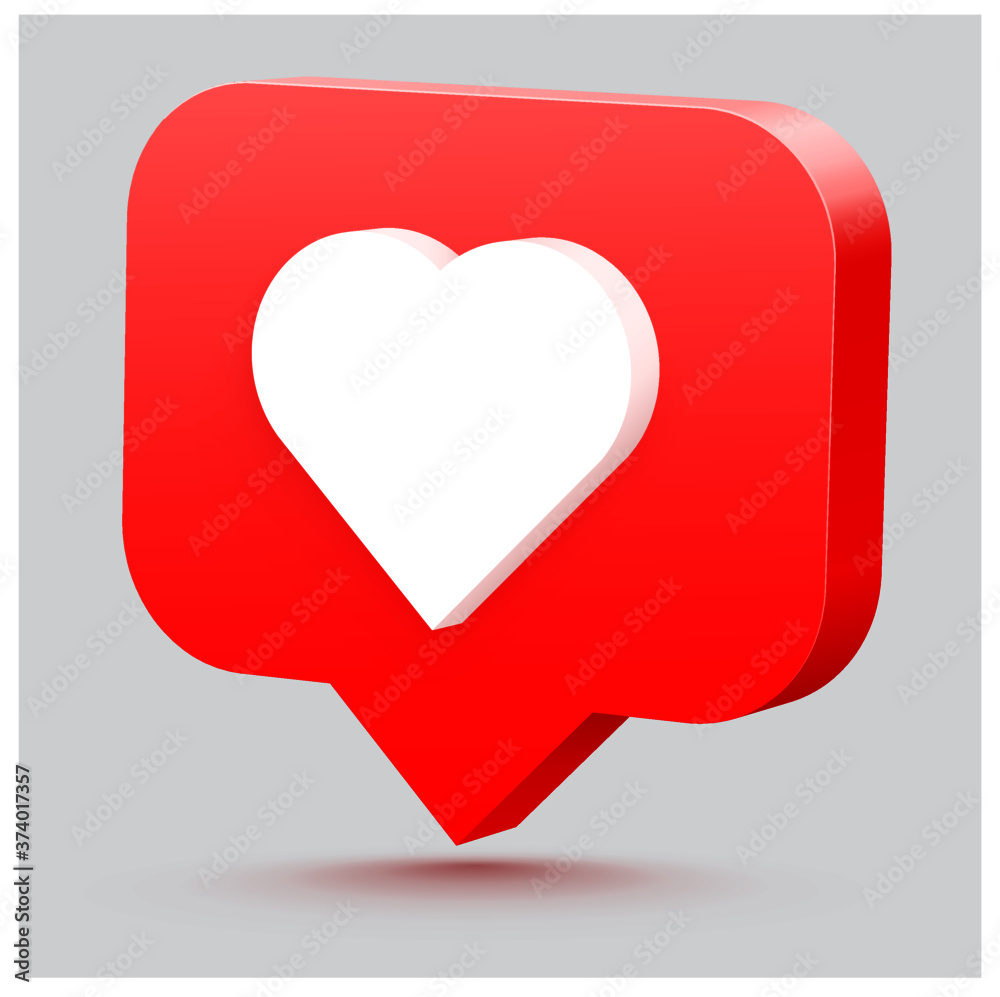 3d heart and talking bubble. 3d social media notification love like heart icon in red rounded square pin isolated on white background with shadow.