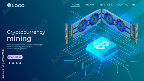 Cryptocurrency mining.The concept of cryptocurrency mining is the device of a mining farm.Using the blockchain.The template of the landing page.Isometric vector illustration.