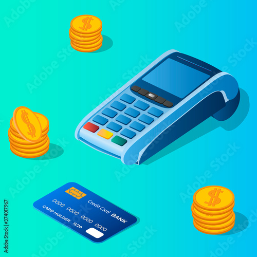 Payment terminal credit card and coins.Isometric image of payment terminals in different angles and credit cards.Concept of online payments money transfers.Vector illustration.