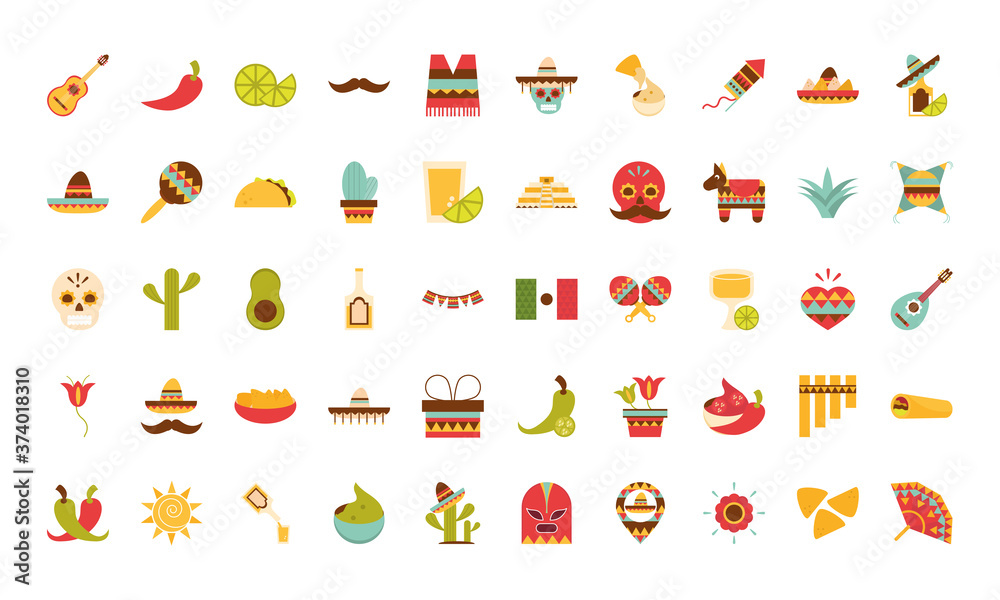 Obraz premium mexican icons set decoration celebration festive folk country flat design
