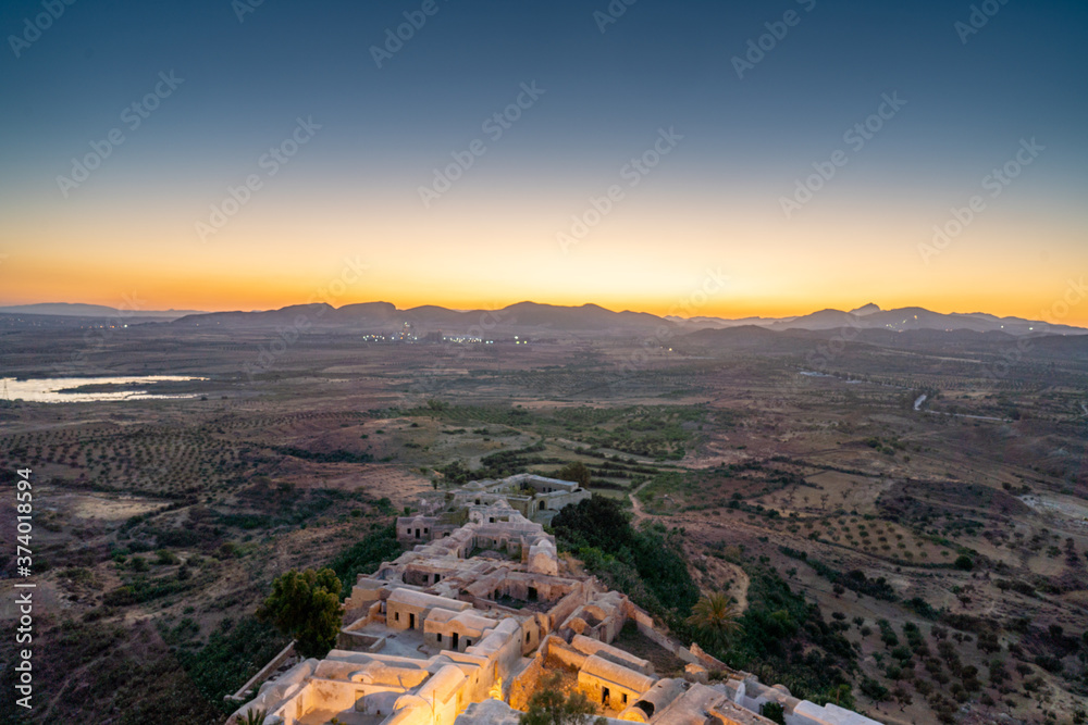 Panoramic view of landscape in Takrouna at sunset. Tunisia, North Africa