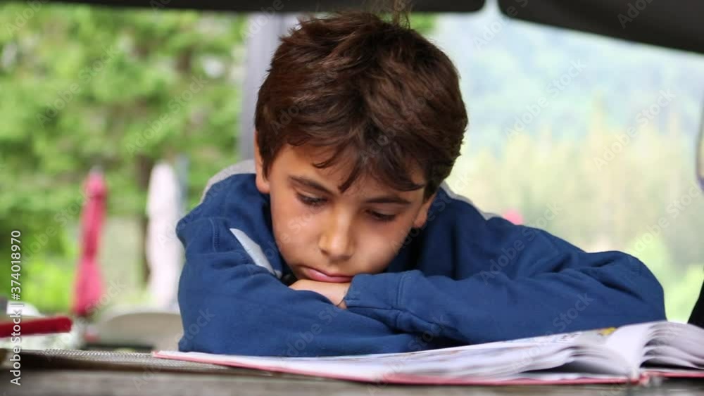 Child reading book. Young boy concentrated absorbed in story Child reading book. Young boy concentrated absorbed in story
