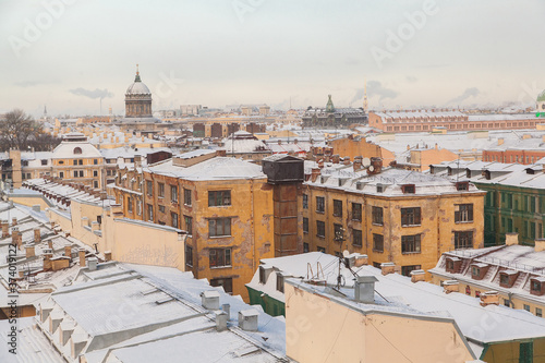 Saint Petersburg rooftop cityscape in winter time with dome of Kazan cathedral