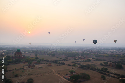 Hot air balloon sunrise flight over Bagan, stunning views and panoramas, Myanmar Burma