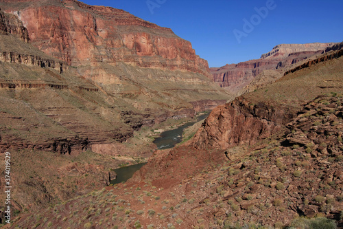 View of Colorado River and Granite Narrows in Grand Canyon National Park, Arizona from backcountry hiking trail.
