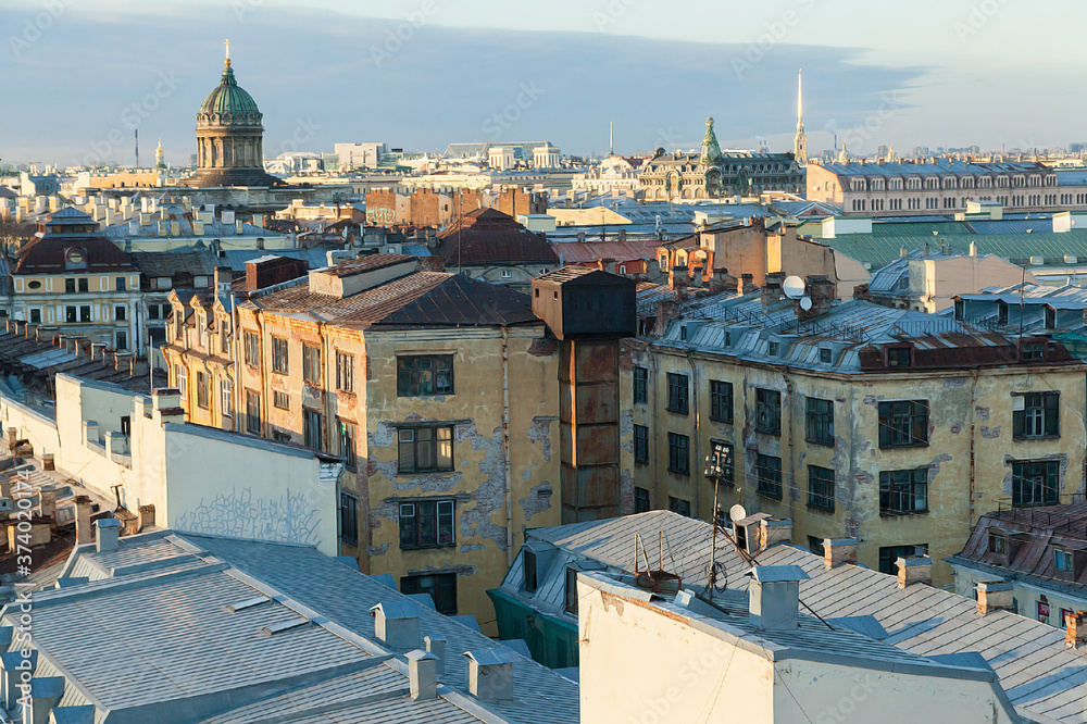 Cityscape of the roofs of saint peretburg on a sunny day with a view of the Kazan Cathedral