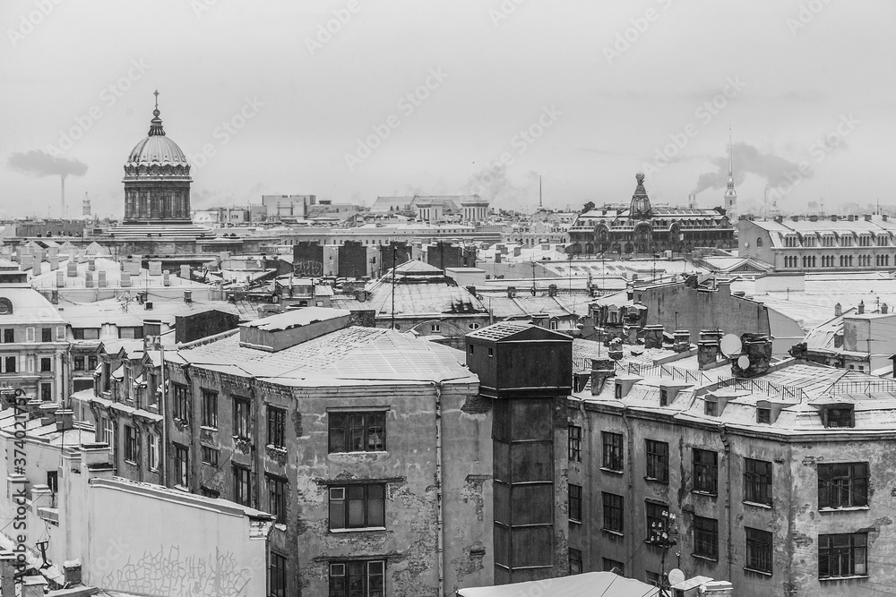 Saint  Petersburg rooftop cityscape in winter time with dome of Kazan cathedral