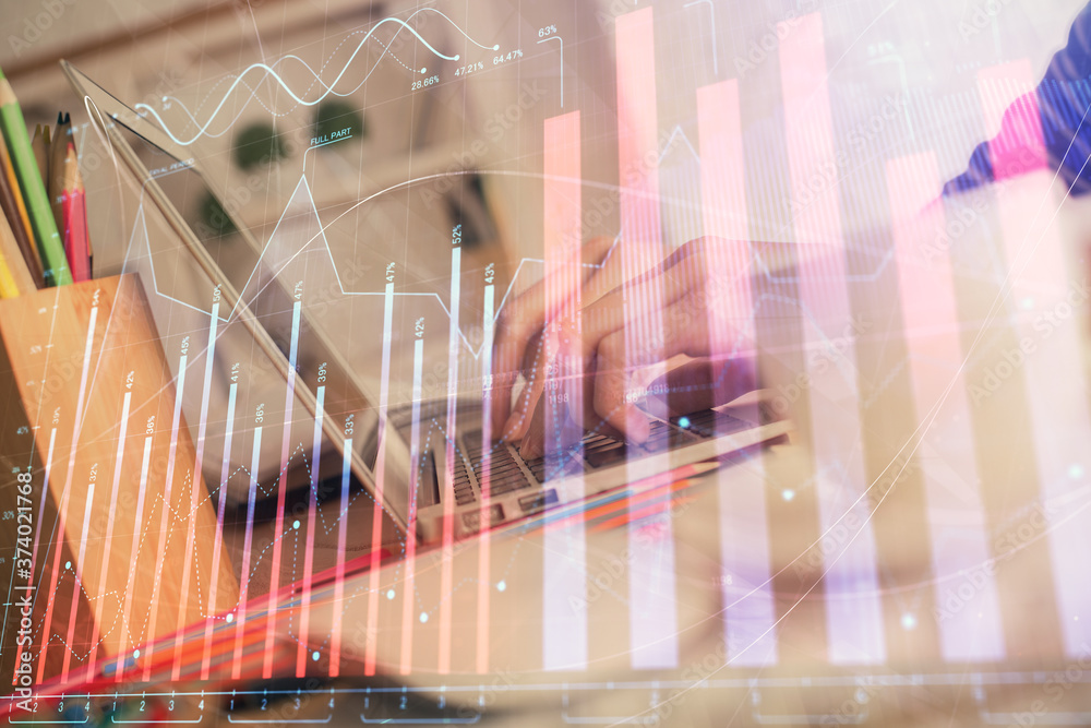 Double exposure of woman hands typing on computer and forex chart hologram drawing. Stock market invest concept. Double exposure of woman hands typing on computer and forex chart hologram drawing. Stock market invest concept.