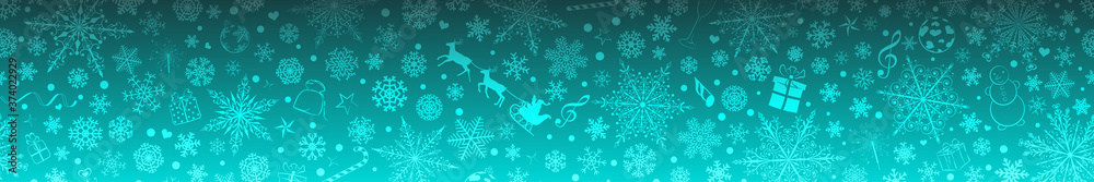 Christmas banner of various snowflakes and holiday symbols, in light blue colors