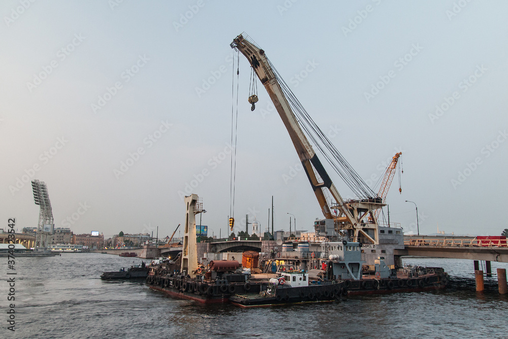 Big industrial boat with crane