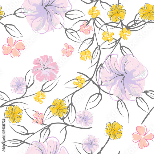 Pink Flowers Blooming Pattern. Pastel Watercolor.