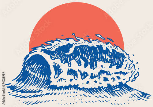 Atlantic tidal waves and red sun. Vintage old engraved hand drawn labels. Marine and nautical or sea, ocean in Japanese style for banner, background or poster. set of Isolated vector illustration.