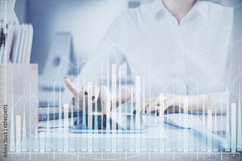 Double exposure of forex chart sketch hologram and woman holding and using a mobile device. Financial market concept. Double exposure of forex chart sketch hologram and woman holding and using a mobile device. Financial market concept.