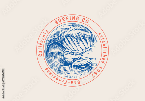 Atlantic tidal waves and red sun. Vintage old engraved hand drawn labels. Marine and nautical or sea, ocean in Japanese style for banner, background or poster. set of Isolated vector illustration.