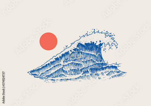 Atlantic tidal waves and red sun. Vintage old engraved hand drawn labels. Marine and nautical or sea, ocean in Japanese style for banner, background or poster. set of Isolated vector illustration.