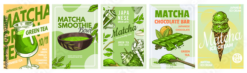 Matcha green tea poster. Healthy milk latte, Smoothie Bowl, Ice Cream and Chocolate bar. Japanese ceremony banner. Engraved hand drawn Vintage sketch for menu or book.