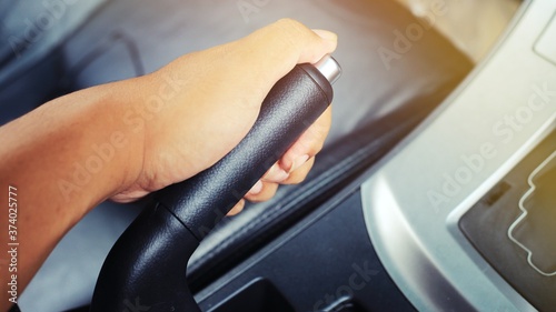 man using a Car handbrake
