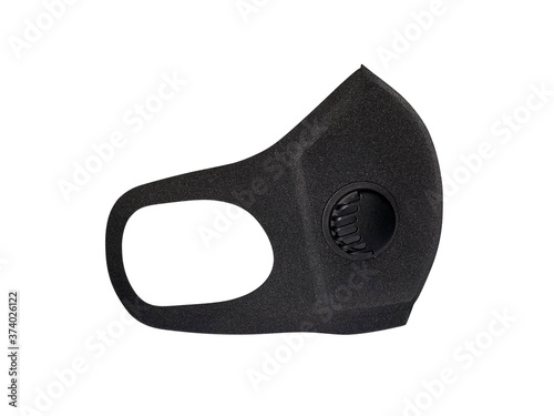 Black foam mask for protection against viruses, bacteria and dust, with a purification filter on a white background. photo