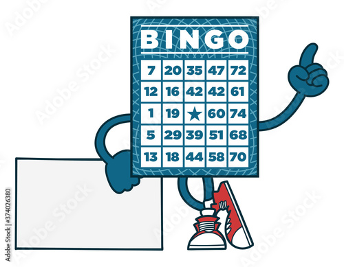 Bingo card cartoon with legs and arms leaning on sign