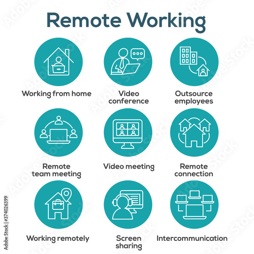Remote work icon set with work from home, video meetings, etc