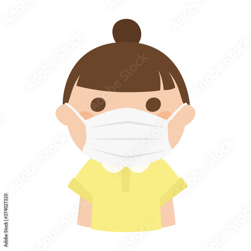 感染防止の為にマスクをした若い女性のイラスト。