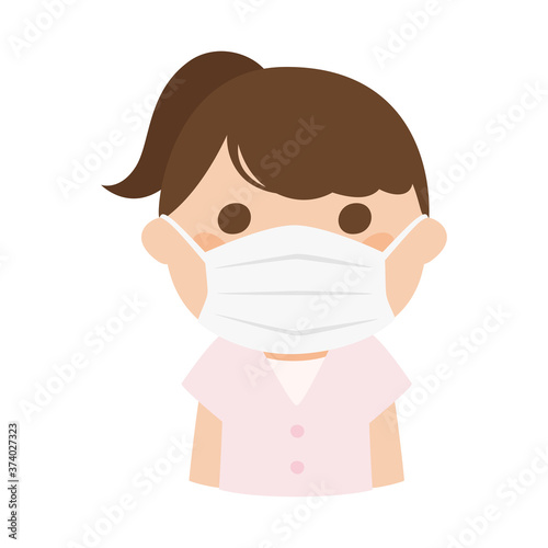感染防止の為にマスクをした若い女性のイラスト。