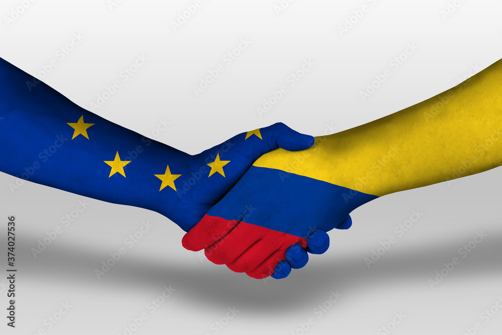 Handshake between columbia and european union flags painted on hands, illustration with clipping path. Handshake between columbia and european union flags painted on hands, illustration with clipping path.