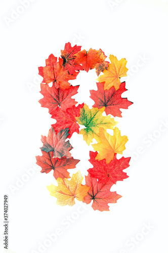 Alpha numeric sets of numbers 0 to 9 and letters A to Z made  using fall leafs  artificial type of rich autumn color  red  orange  golden earth tones  convey ot is in nature fall colors and style.