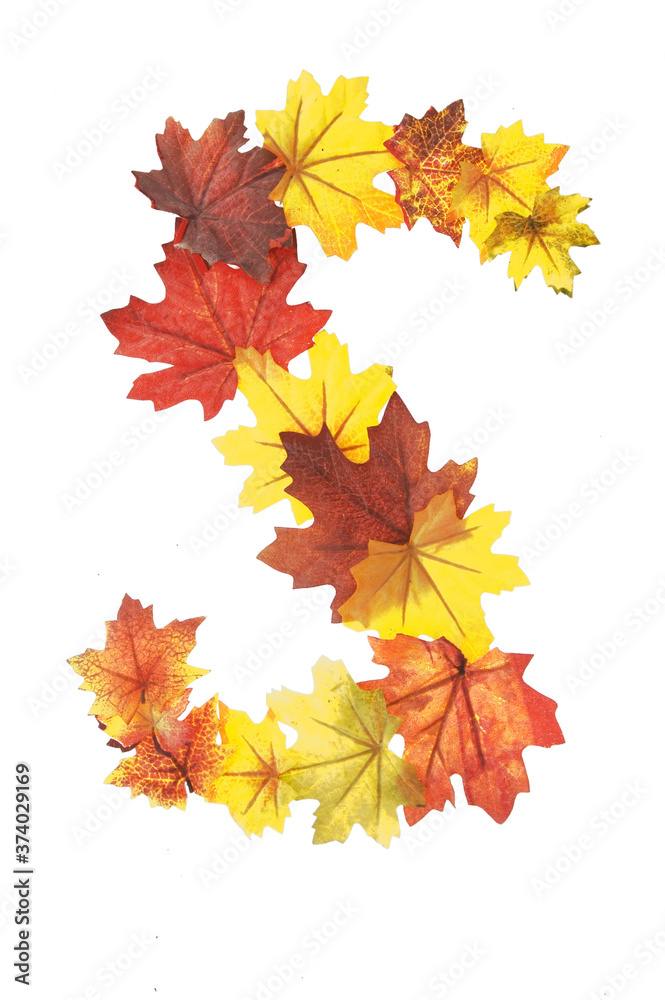 Colorful alpha numeric set of  individual characters of the alphabet A to Z,Made using artificial  leaves or leaf, rich autumn earth tones reds, ornafes, yellows, golden tones, say it colorfully'