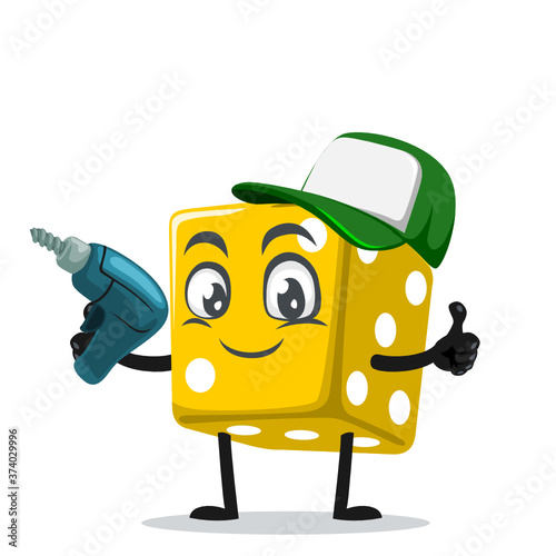 Vector illustration of dice mascot or character holding hand drill