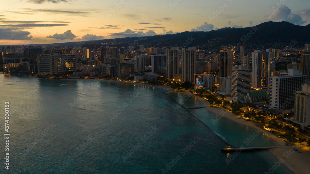 Aerial view of Waikiki Beach Sunset during 2020 Pandemic lockdown