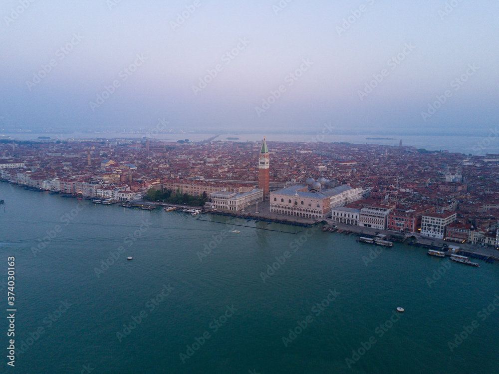 Aerial view of Venice, Italy during foggy morning