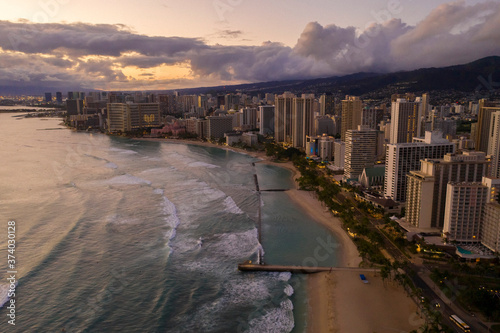 Aerical view of Waikiki Beach during sunset photo