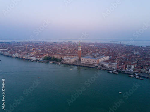 Aerial view of Venice, Italy during foggy morning