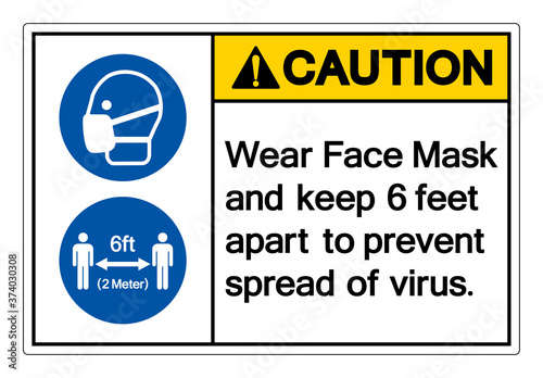 Caution Wear Face Mask and keep 6 feet apart to prevent spread of virus Symbol Sign, Vector Illustration, Isolate On White Background Label. EPS10